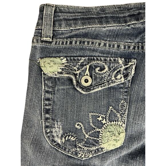 Miss Me Embroidered Denim Jeans Y2K Dark Australian 02 Blue Flap Pockets Size 28 - Picture 8 of 11